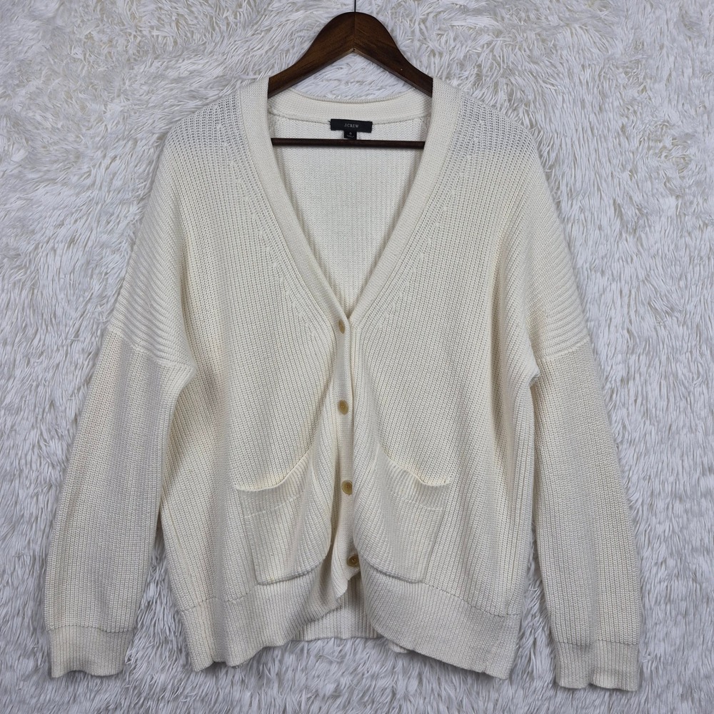 J.Crew Cotton Cashmere Ribbed Cardigan Sweater Ivory White Womens Small Chunky